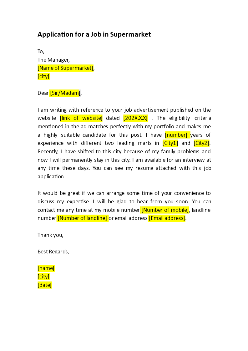 example of application letter for a supermarket