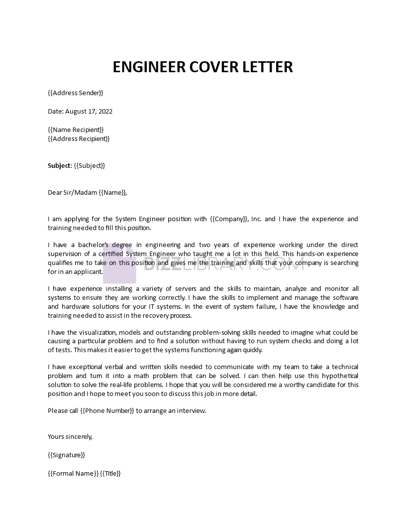 template cover letter for engineer