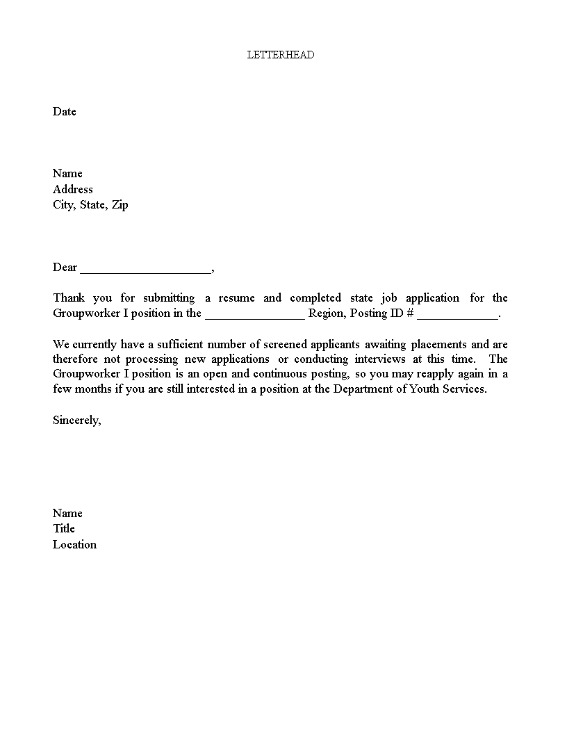 Rejection Letter | State Posting | Group Worker