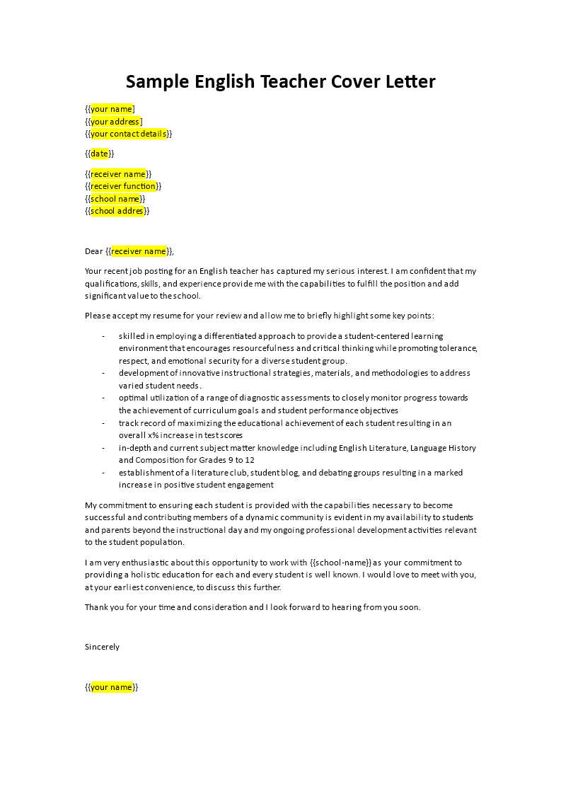 job application letter for english teacher post