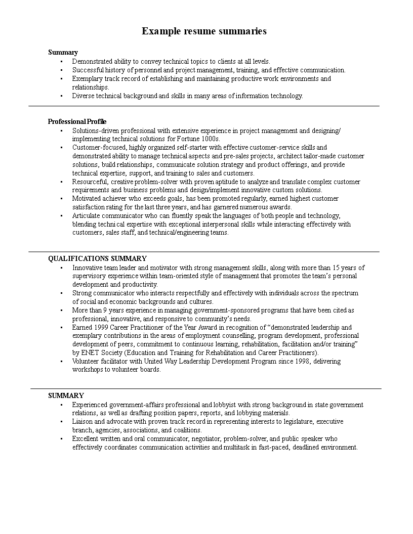 Effective Management And Training - Example Resume Summaries