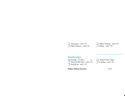 Pool Menu Order Sheet Template