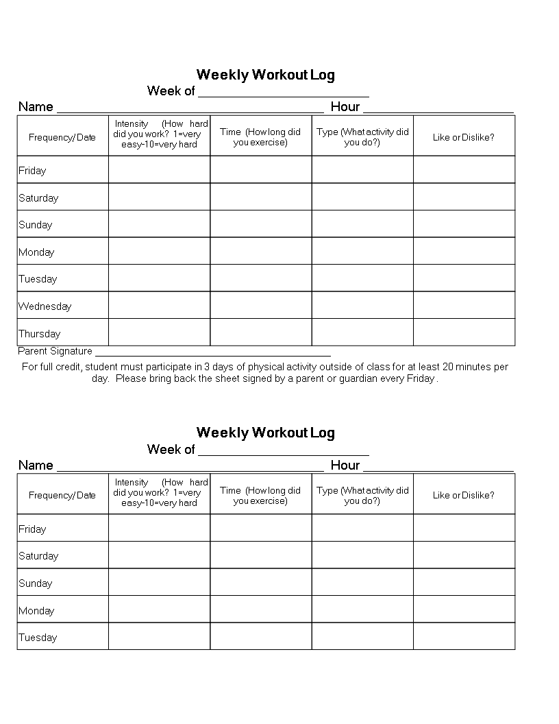 Printable Weekly Workout Log: Friday Activity | Parent