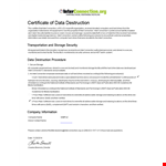 Data Destruction Certificate Template for Storage, Interconnection, and Drives example document template