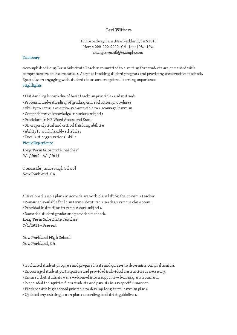 long-term-substitute-teacher-resume-sample