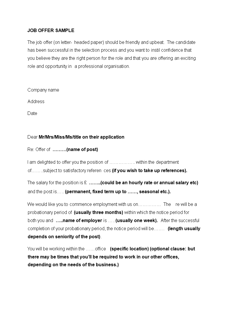 Job Offer Sample Letter Template