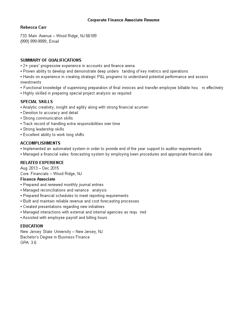 Corporate Finance Associate Resume