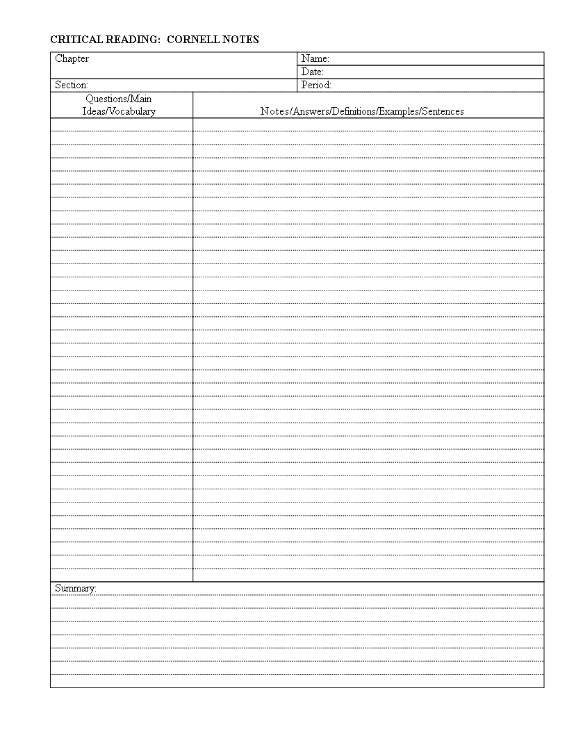 Cornell Notes Template - Organize Critical Reading Notes by Chapter