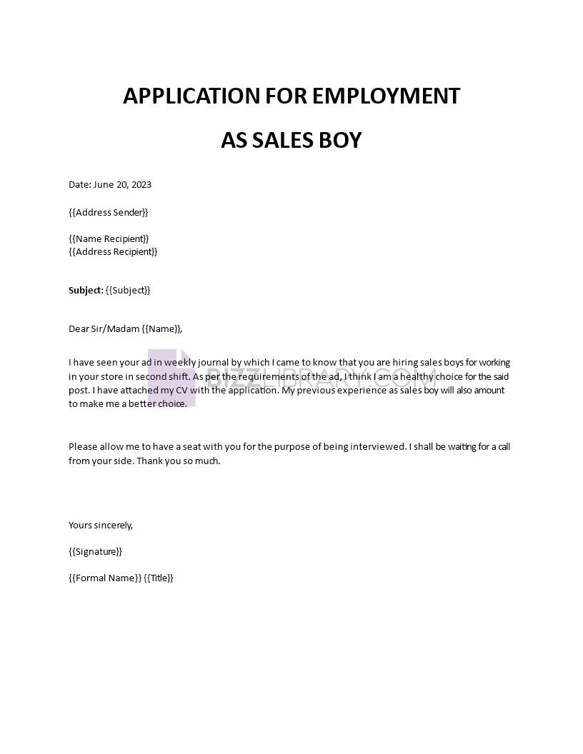 application letter for job as a sales boy