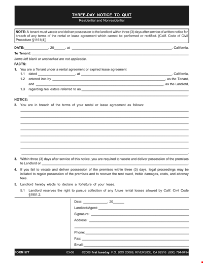 Residential Notice To Quit Template - Landlord, Possession, Rental, Tenant