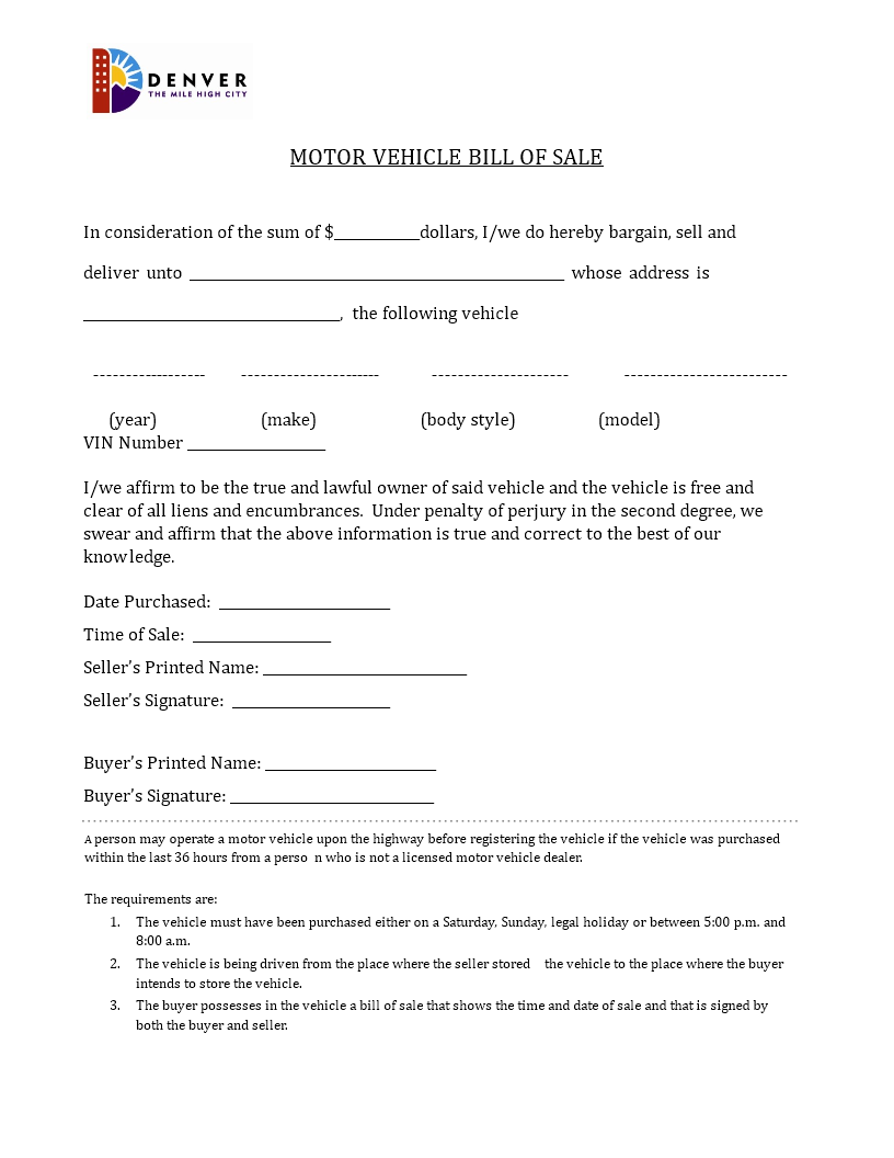 Free Printable Motor Vehicle Bill Of Sale