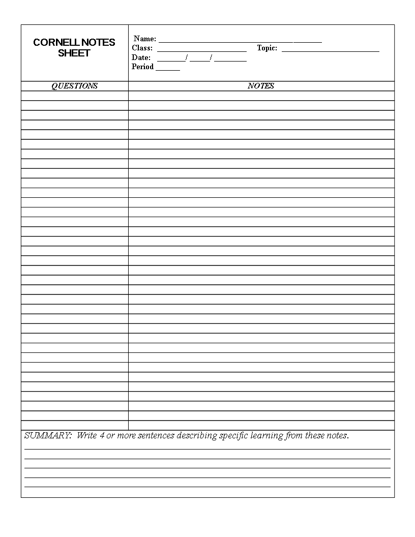 Cornell Style Lined Paper Template | Free Sheet for Notes and Class