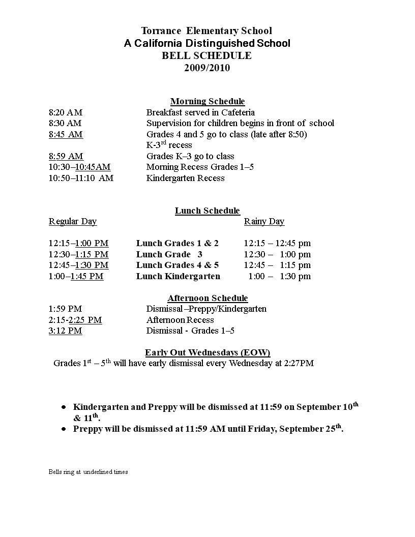 Elementary School Lunch Schedule Template