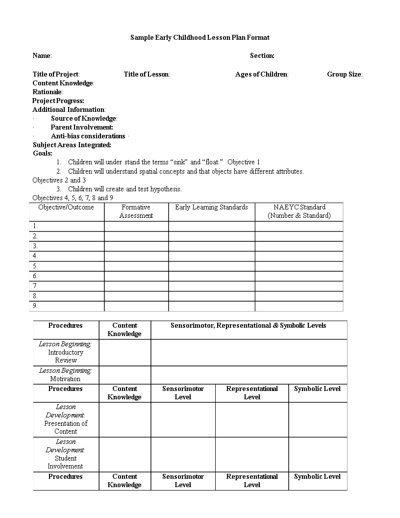 Early Childhood Lesson Plan Template