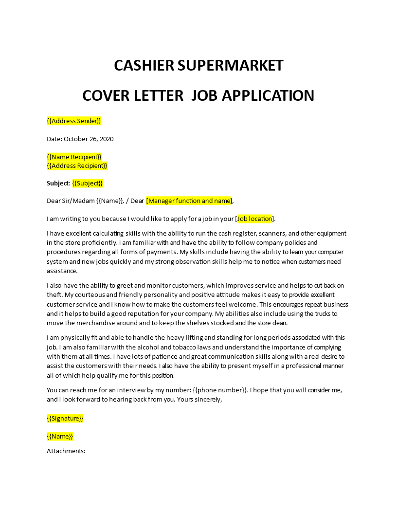 application letter for cashier position with experience