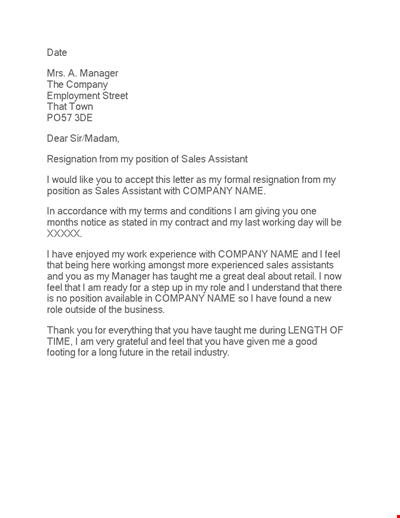 Retail Assistant Resignation Letter