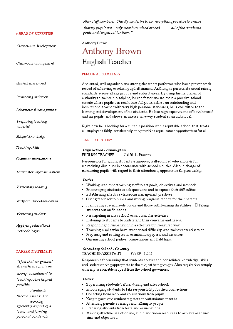 High School Teacher Resume for Teaching Students and Engaging Pupils at ...