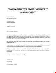 Complaint Letter From Employee To Management