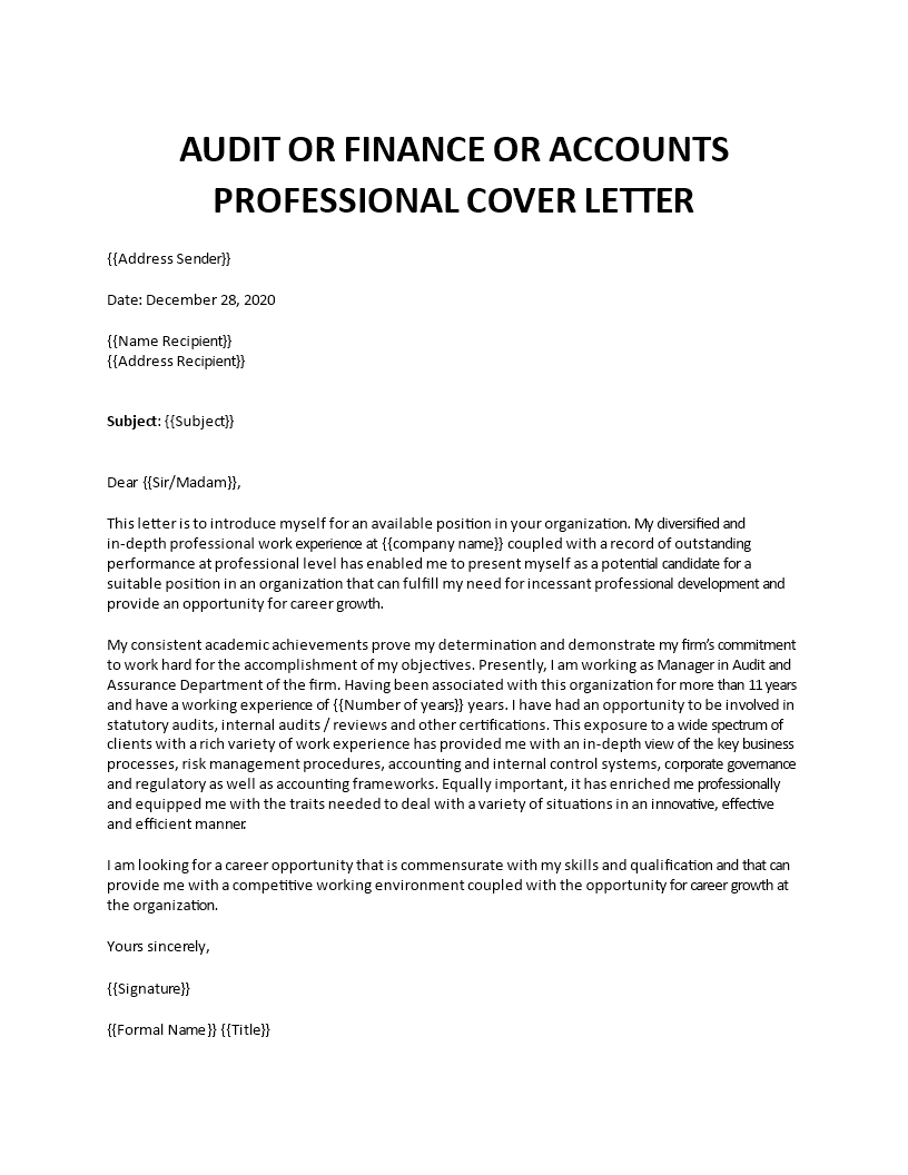 writing a cover letter for auditor position