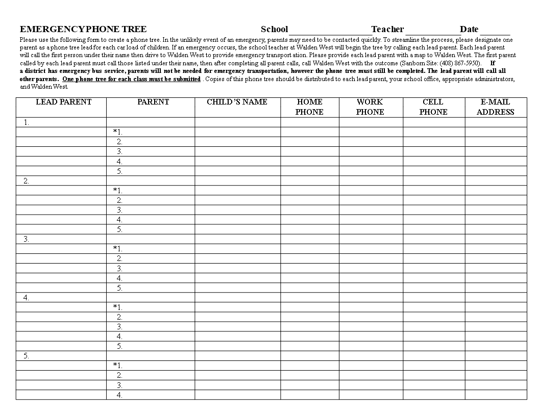 Emergency Phone Tree Template for Parent Communication