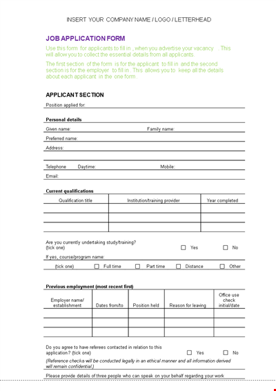 Free Job Application Form Template