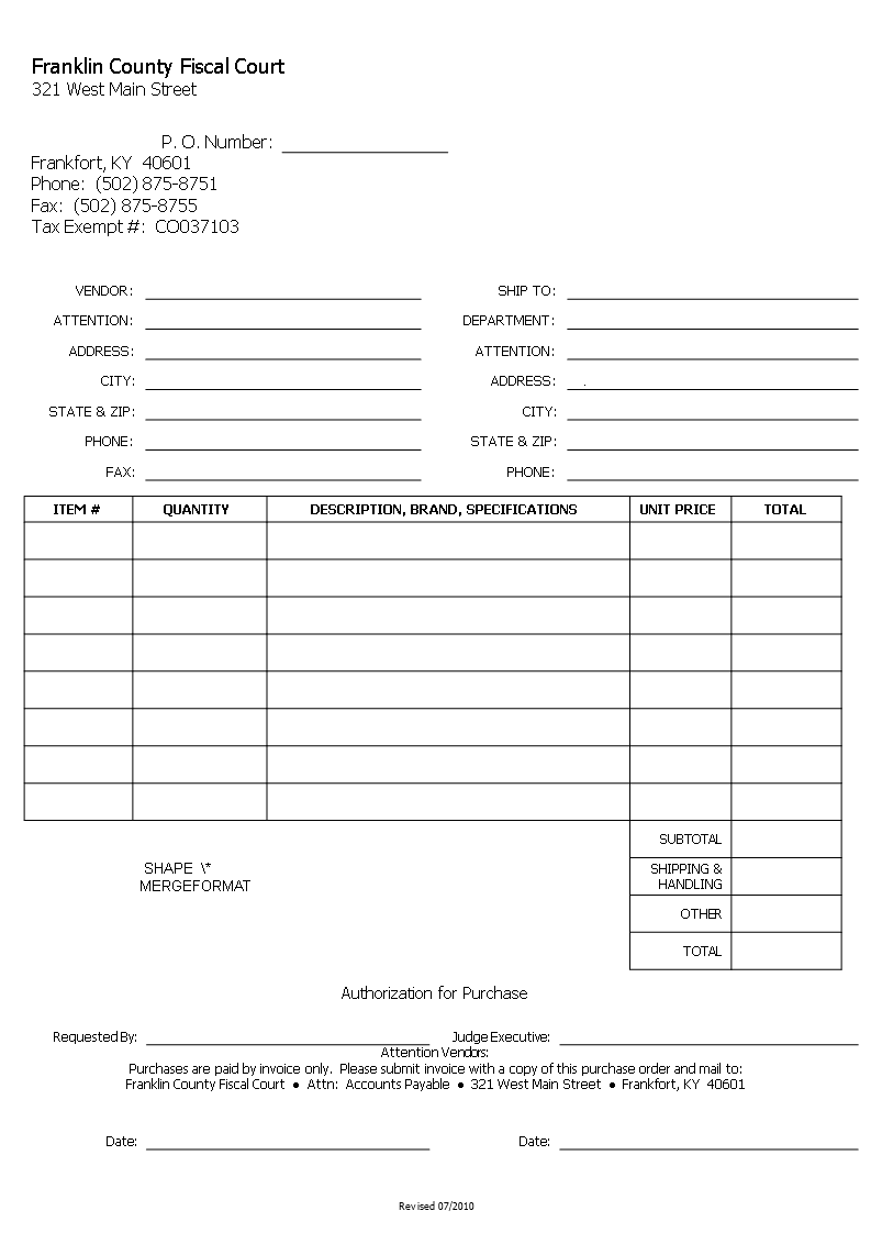 Purchase Order Form - Attention Franklin County Fiscal | Phone Support