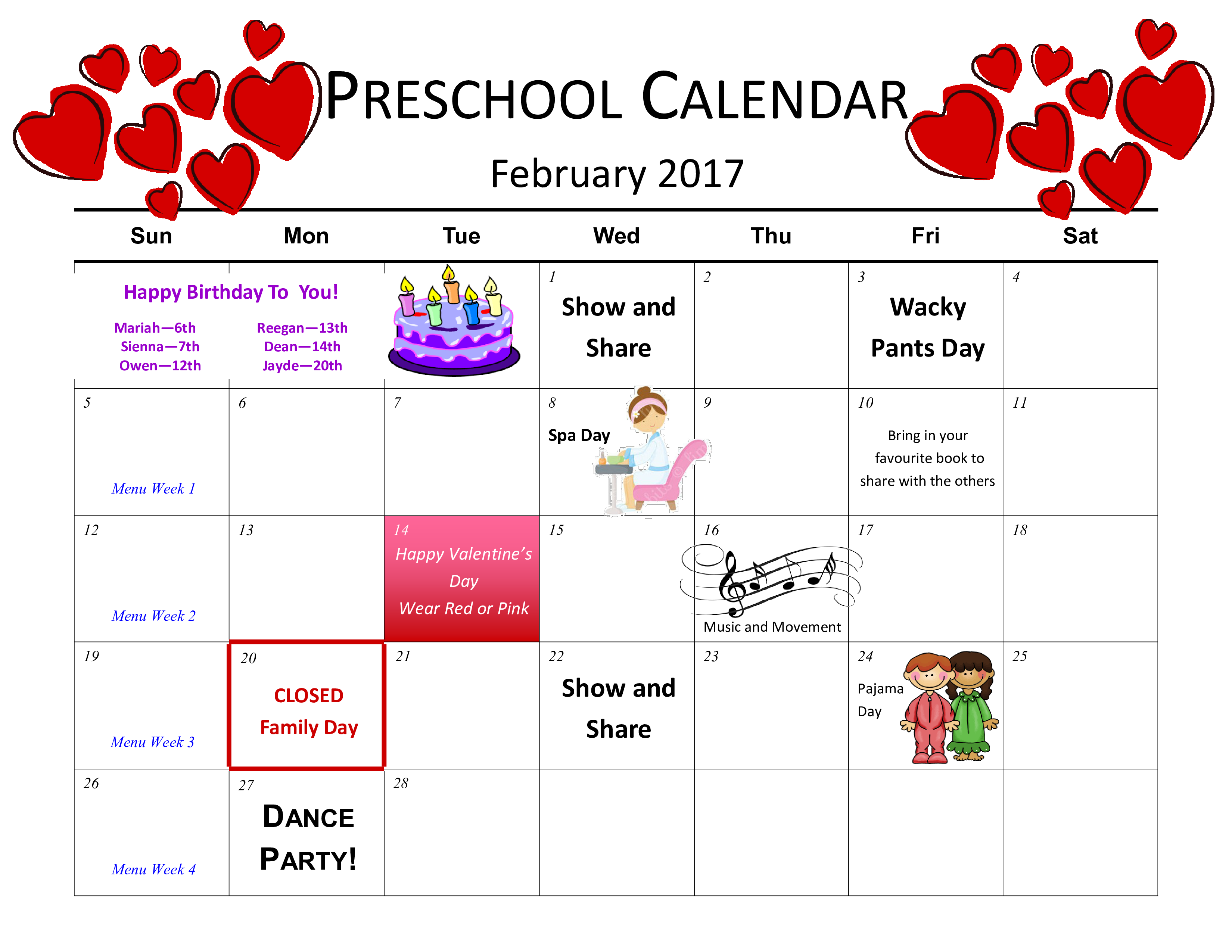 Preschool Birthday Calendar Template