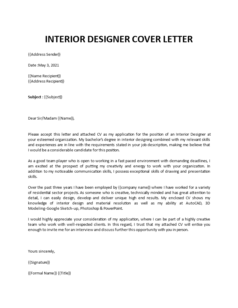 cover letter for interior designer student