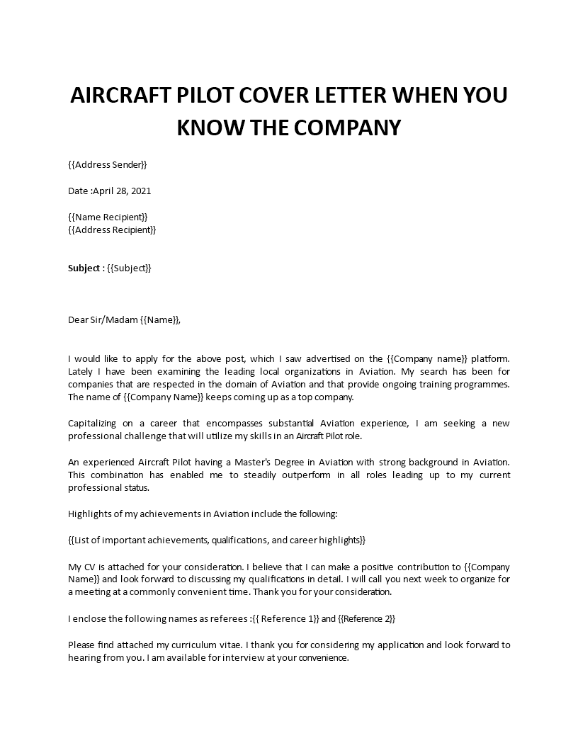 cover letter for pilot resume