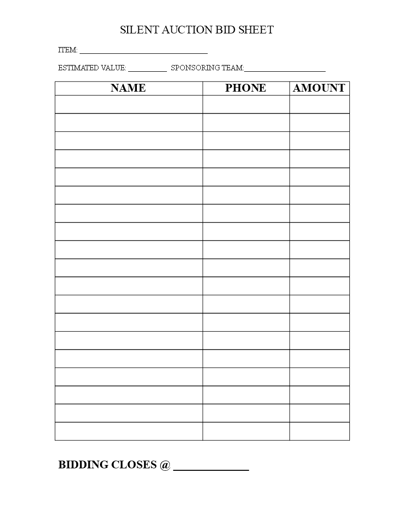 Silent Auction Bid Sheet - Free Template