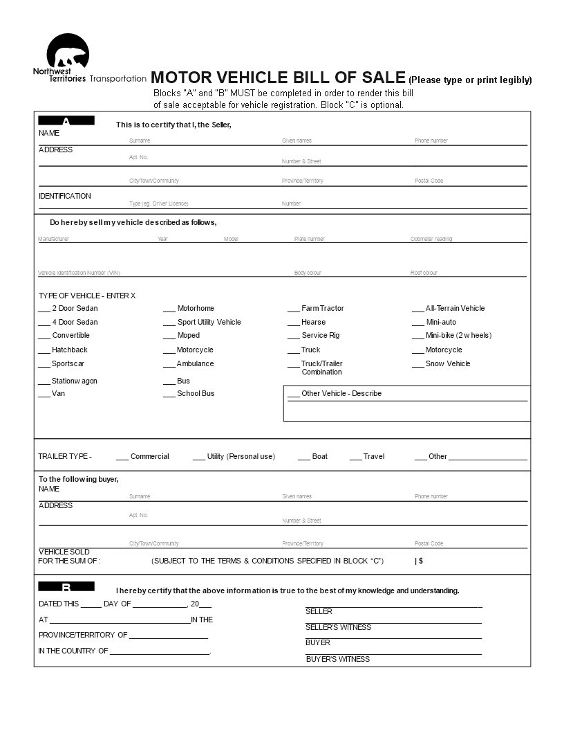 Motor Vehicle Bill Of Sale Template