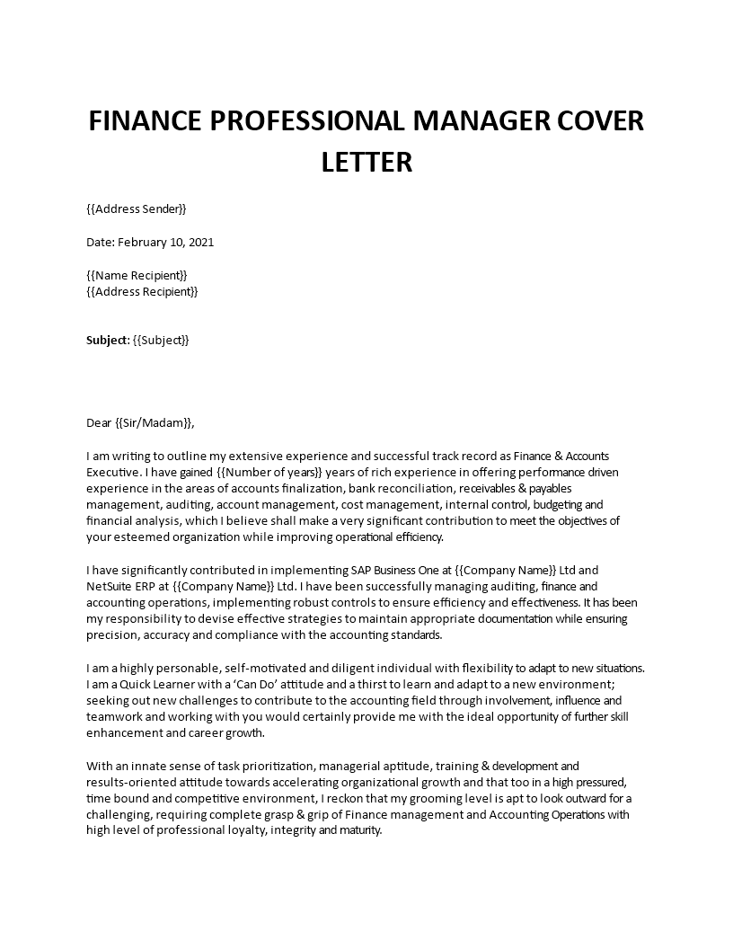 sample application letter for finance manager position