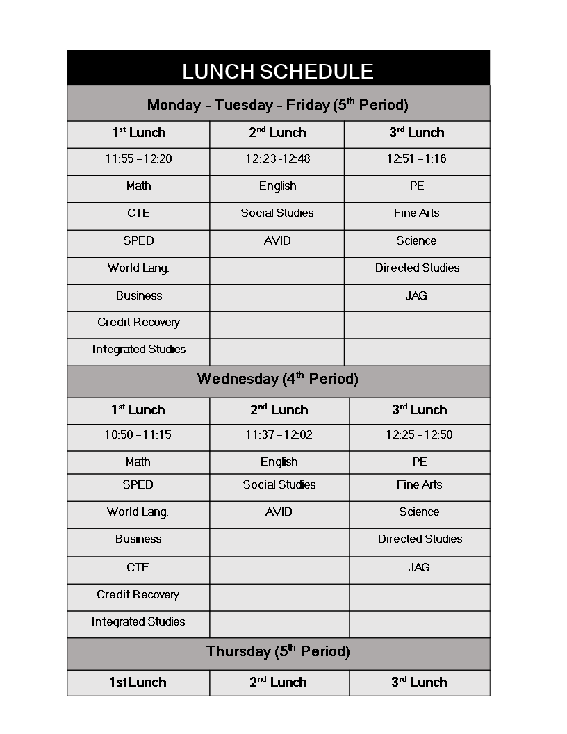 Lunch Schedule Sample