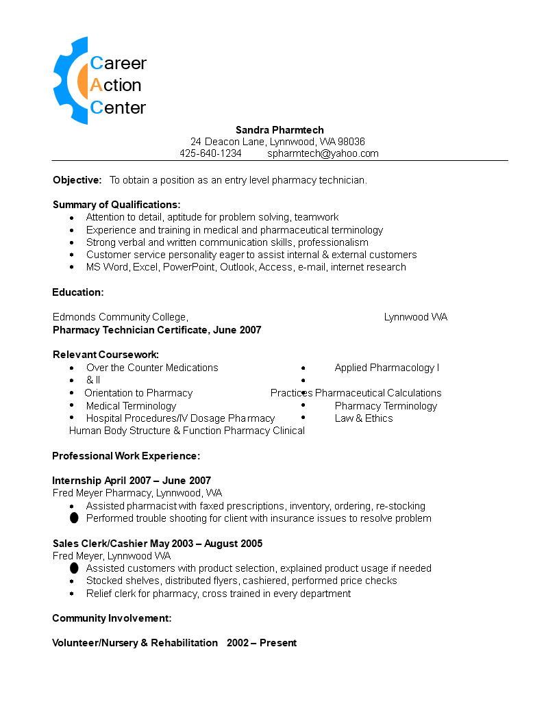 Pharmacy Technician Resume | Technician, Lynnwood | Terminology ...