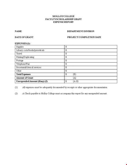 grant expense report for college - molloy grant expenses template