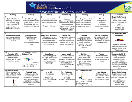 physical activity calendar template