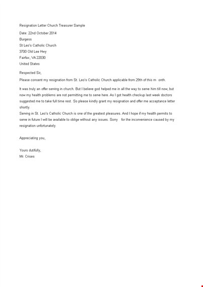 Church Treasurer Resignation Letter