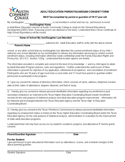 parental consent form template - school education information | texas | adult template