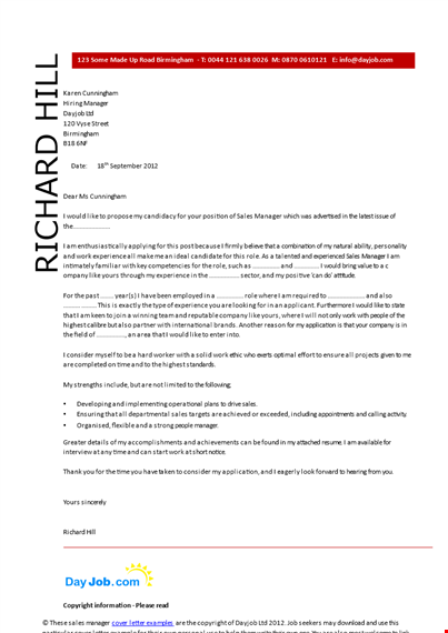 sales manager job application letter template