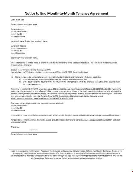 notice to end month to month tenancy agreement template