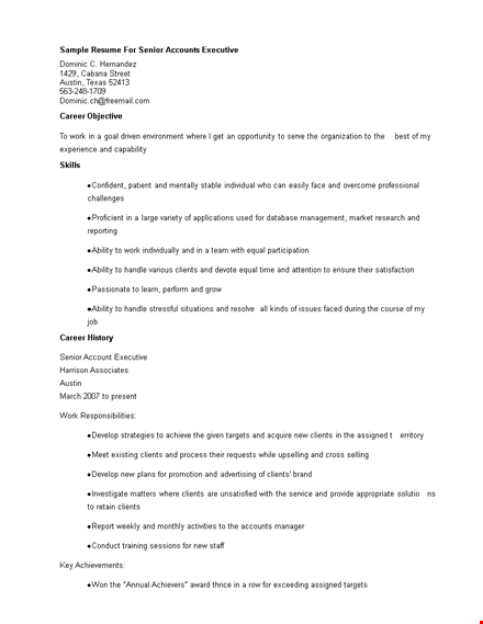 senior accounts executive resume - effective management for austin clients template