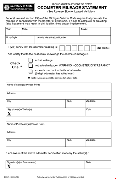 complete your title transfer with our odometer disclosure statement template