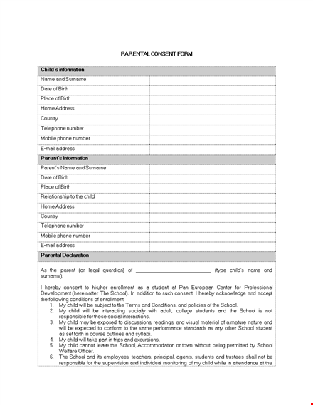 parental consent form template for school birth, surname, and child template