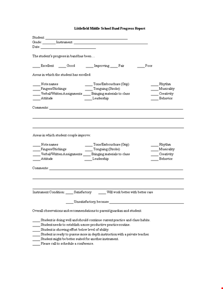 middle school band progress report template