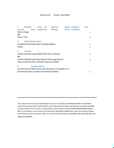 research study checklist template template