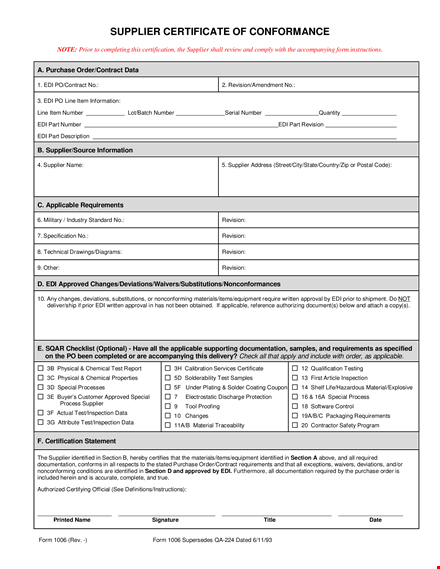 certificate of conformance | supplier | applicable revision template