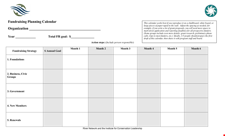 fundraising calendar: month, members, board, income - download pdf template