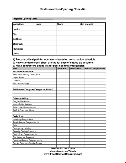 pre opening checklist for restaurants: ensure a smooth opening process template