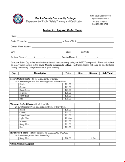 instructorapparelorderform template