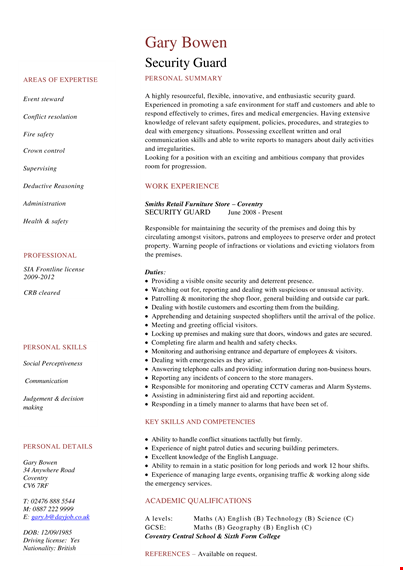 security guard resume: personal safety & security experience template